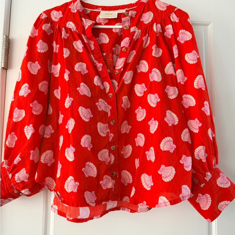 Anthropologie Maeve Red Shell-Print Button Front Top